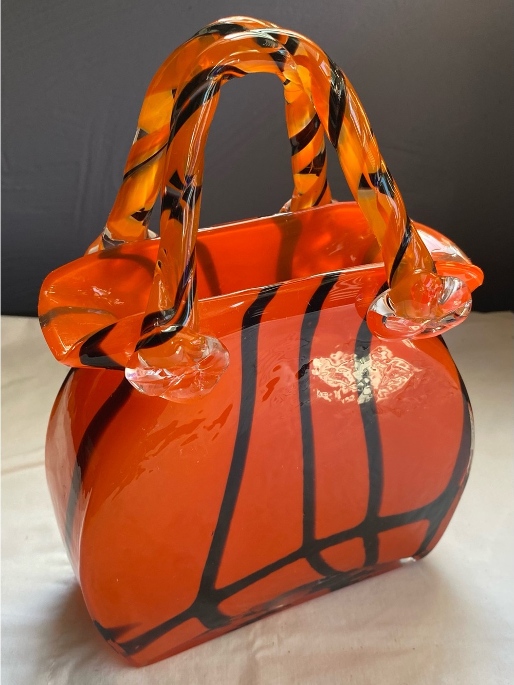 Heavy, decorative blown glass Halloweeny purse...or...cauldron? vase?